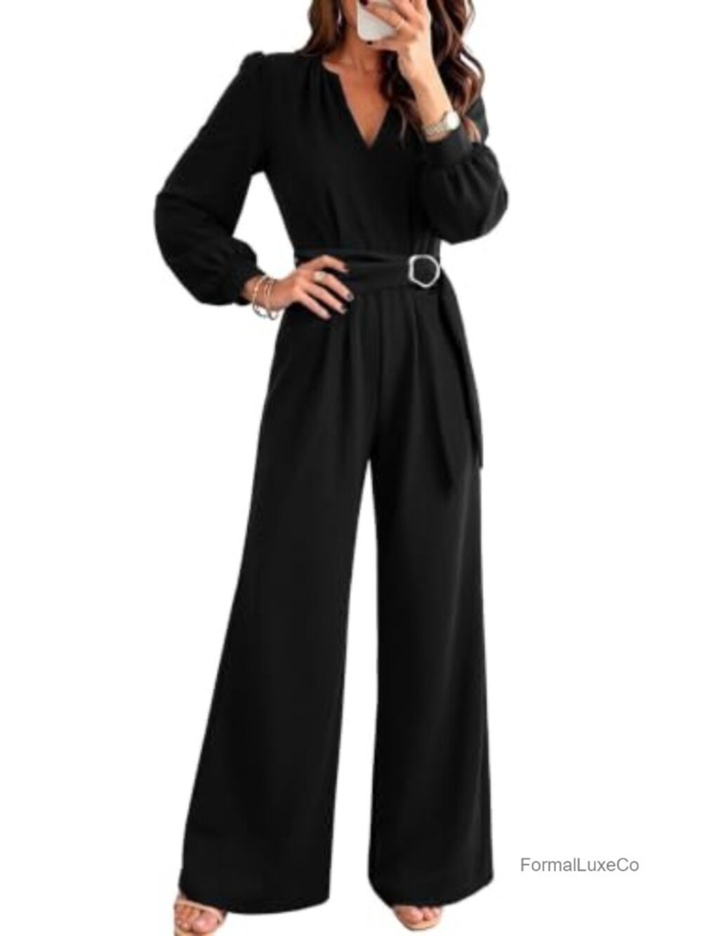 Elegant V-Neck Wide Leg Jumpsuit with Pockets Long Sleeve Dressy Work Party